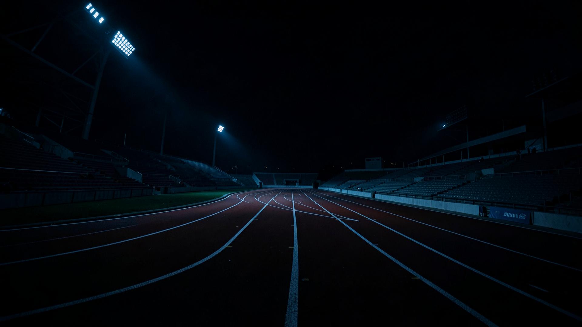An empty track stadium at night