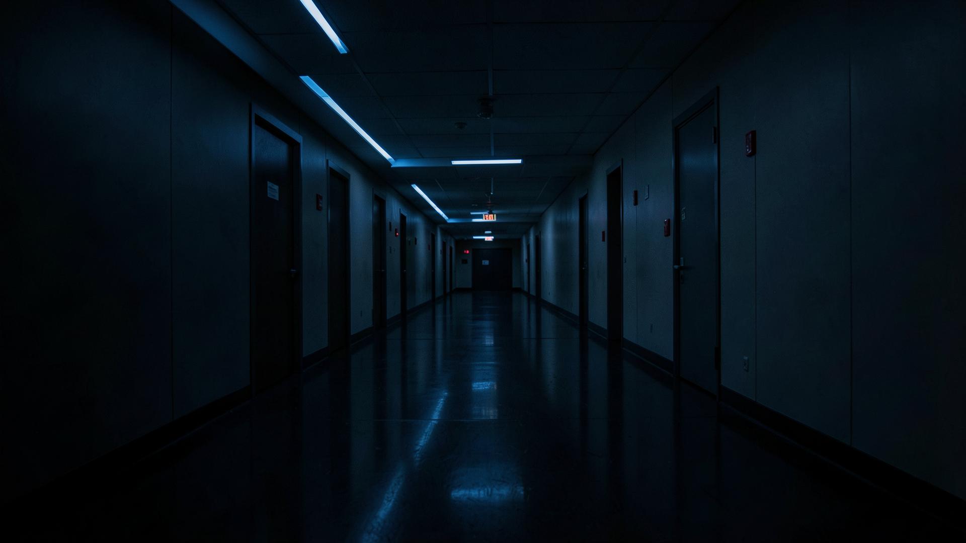 A quiet school hallway at night